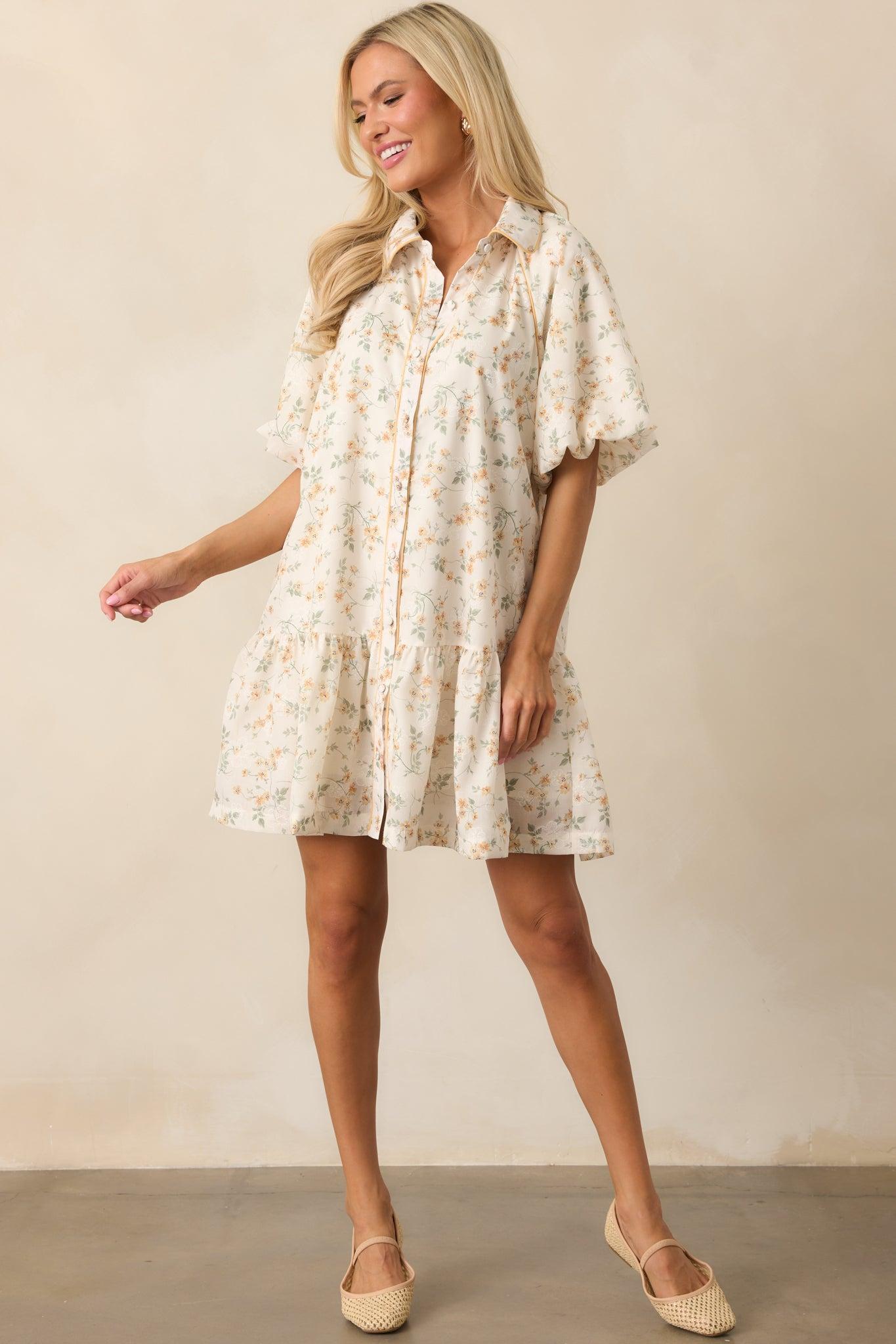 Music Festival Yellow Floral Button Front Mini Dress Product Image