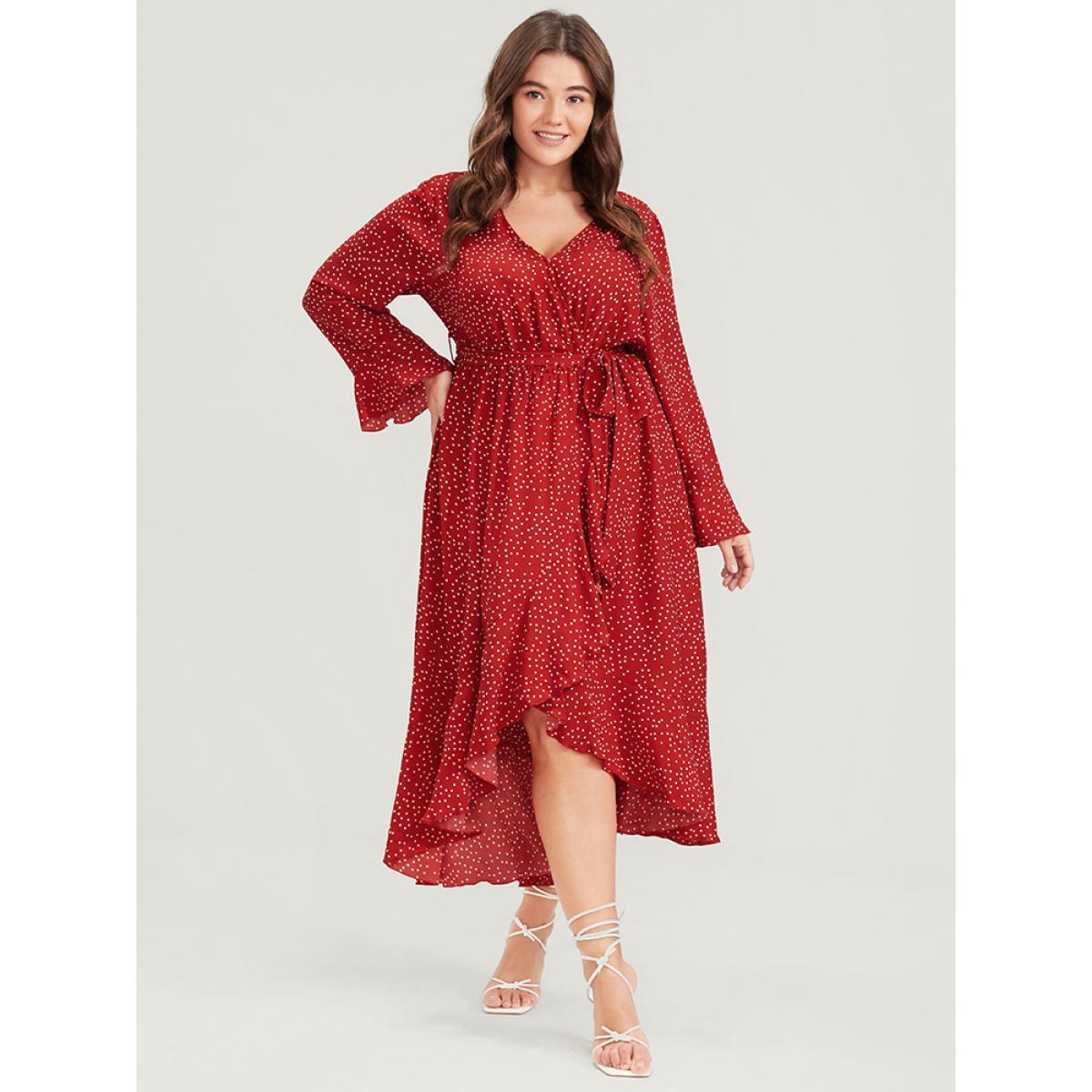 Plus Size Polka Dot Split Wrap Asymmetrical Hem Ruffles Belted Dress Raspberry Women Elegant Belted V-neck Long Sleeve Curvy Long Dress BloomChic 14-16/1X Product Image