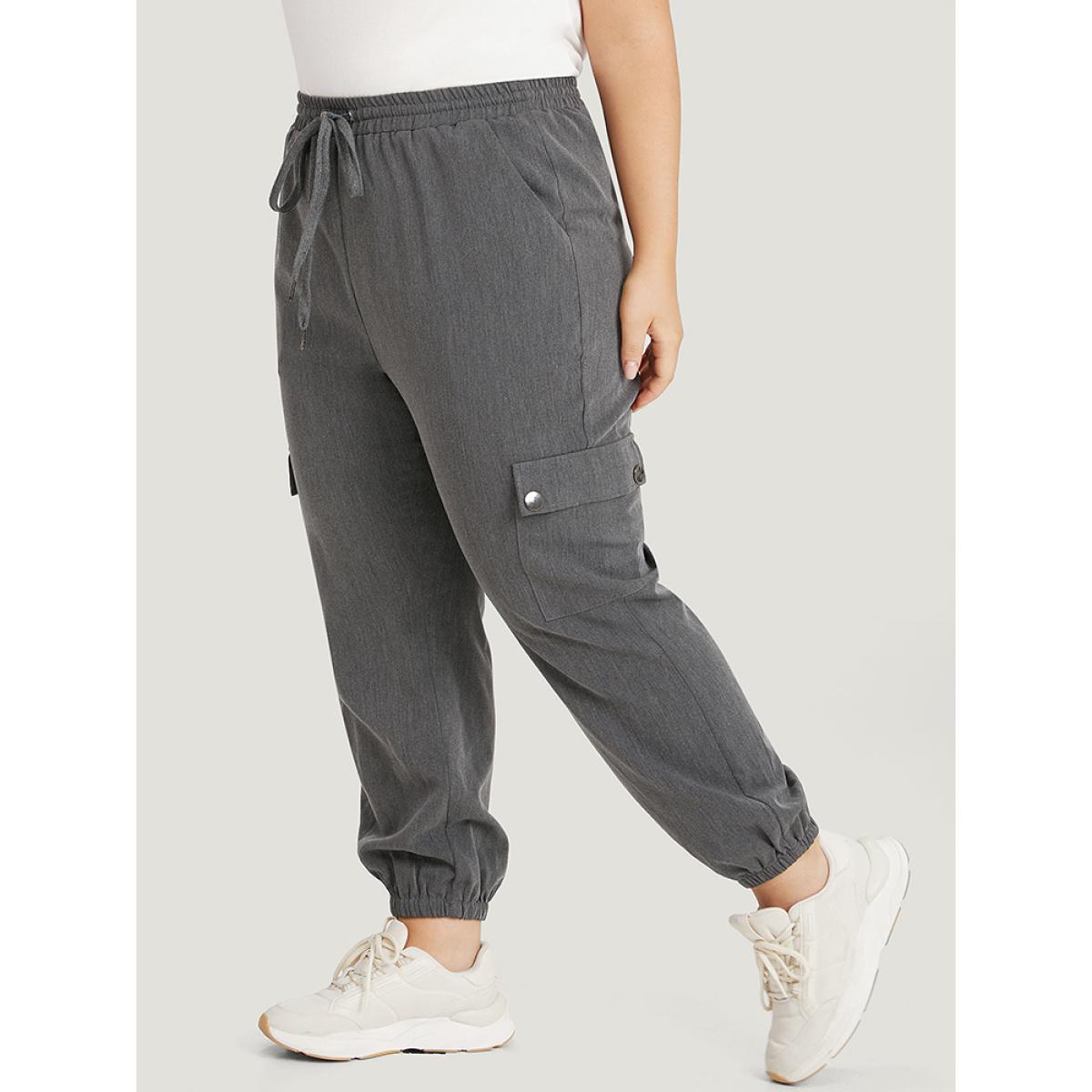Plain Eyelet Drawstring Flap Pocket Sweatpants DimGray Plus Size Women Casual Dailywear Drawstring 30/6X Bloomchic Product Image