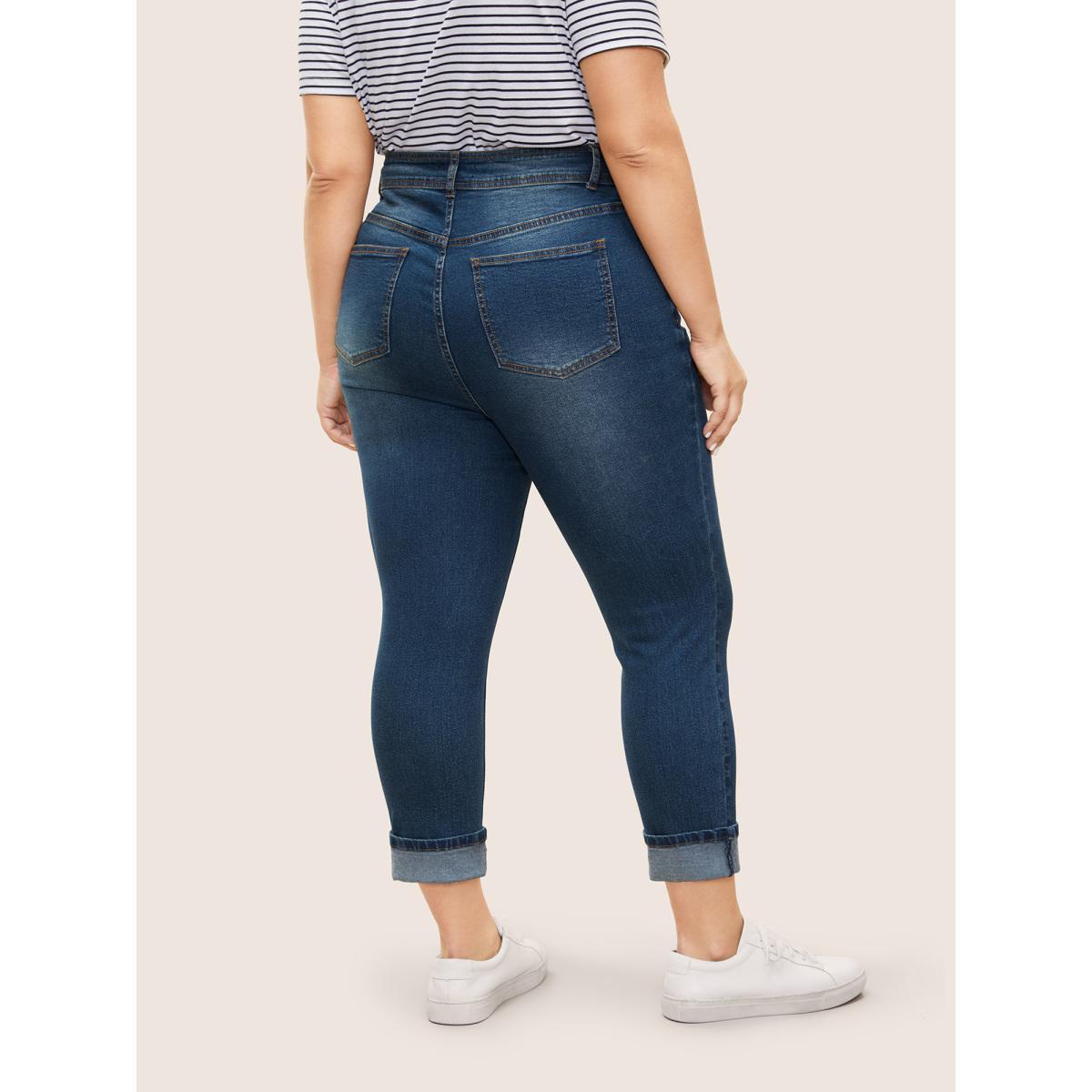 Plus Size Roll Hem Ripped Pocket Straight Leg Cropped Jeans Women Aegean Casual Plain Non High stretch Slanted pocket Jeans BloomChic 20/2X Product Image