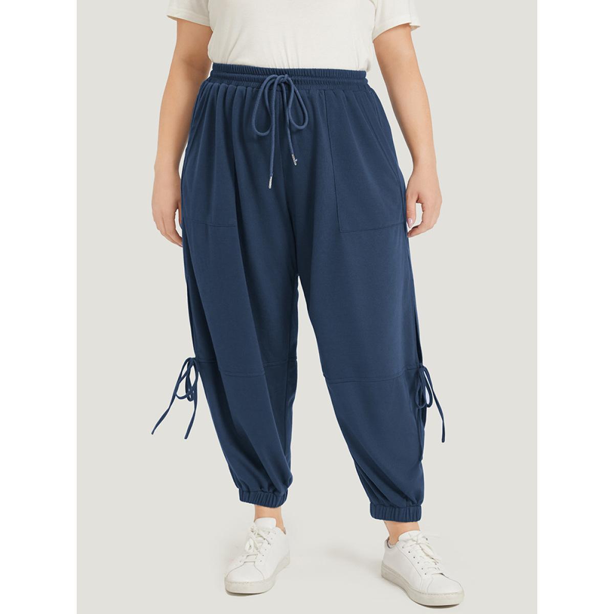 Solid Drawstring Pocket Ties Cut Out Sweatpants Aegean Plus Size Women Casual Dailywear Plain 10/M Bloomchic Product Image