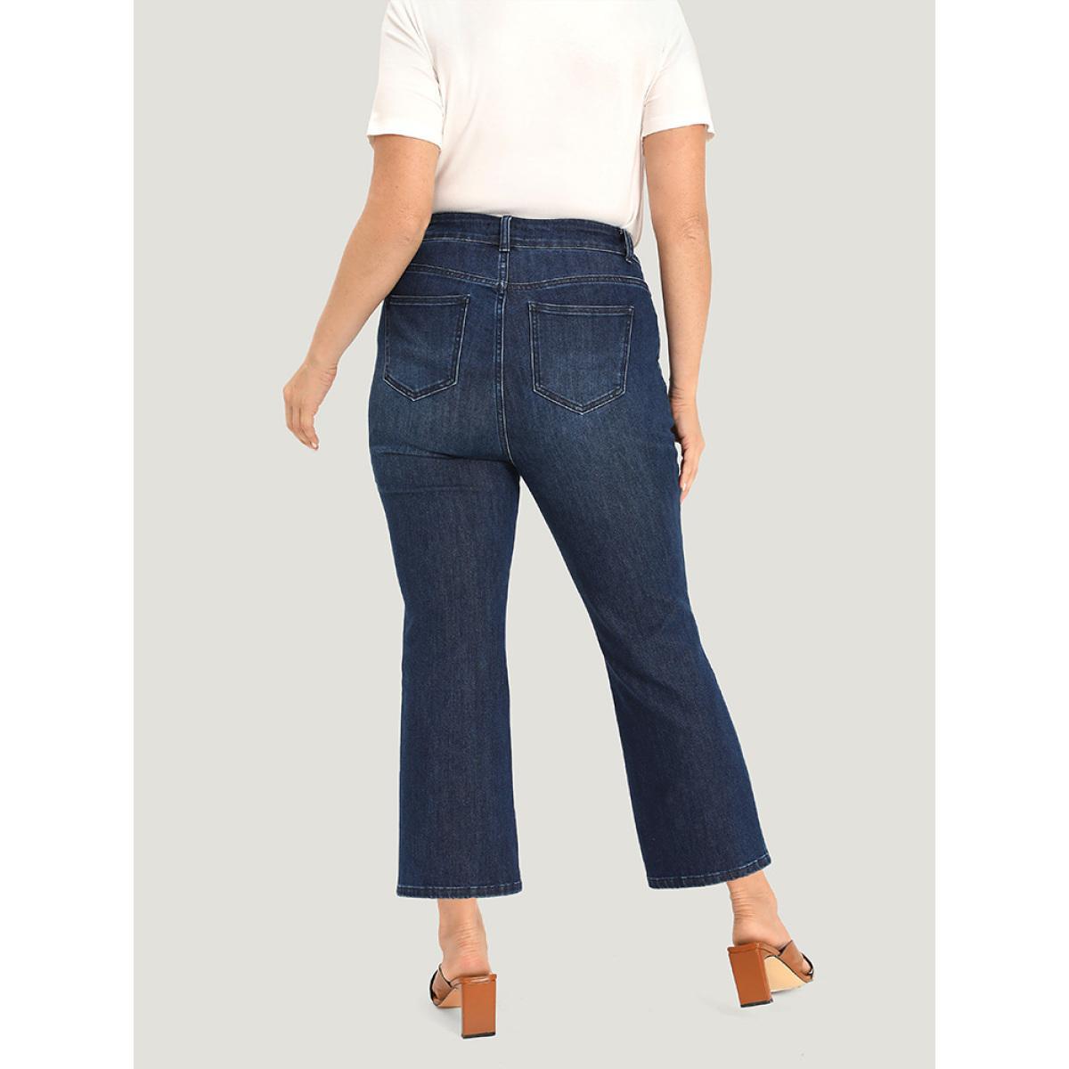 Plus Size Plain Button Fly High Rise Bootcut Jeans Women DarkBlue Casual Plain Plain Medium stretch Pocket Jeans BloomChic 22/3X Product Image