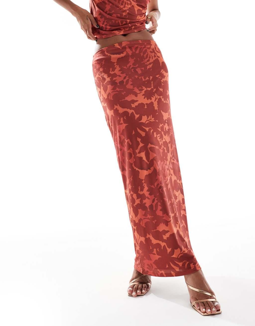 ASOS DESIGN slinky maxi skirt in burnt orange floral - part of a set Product Image
