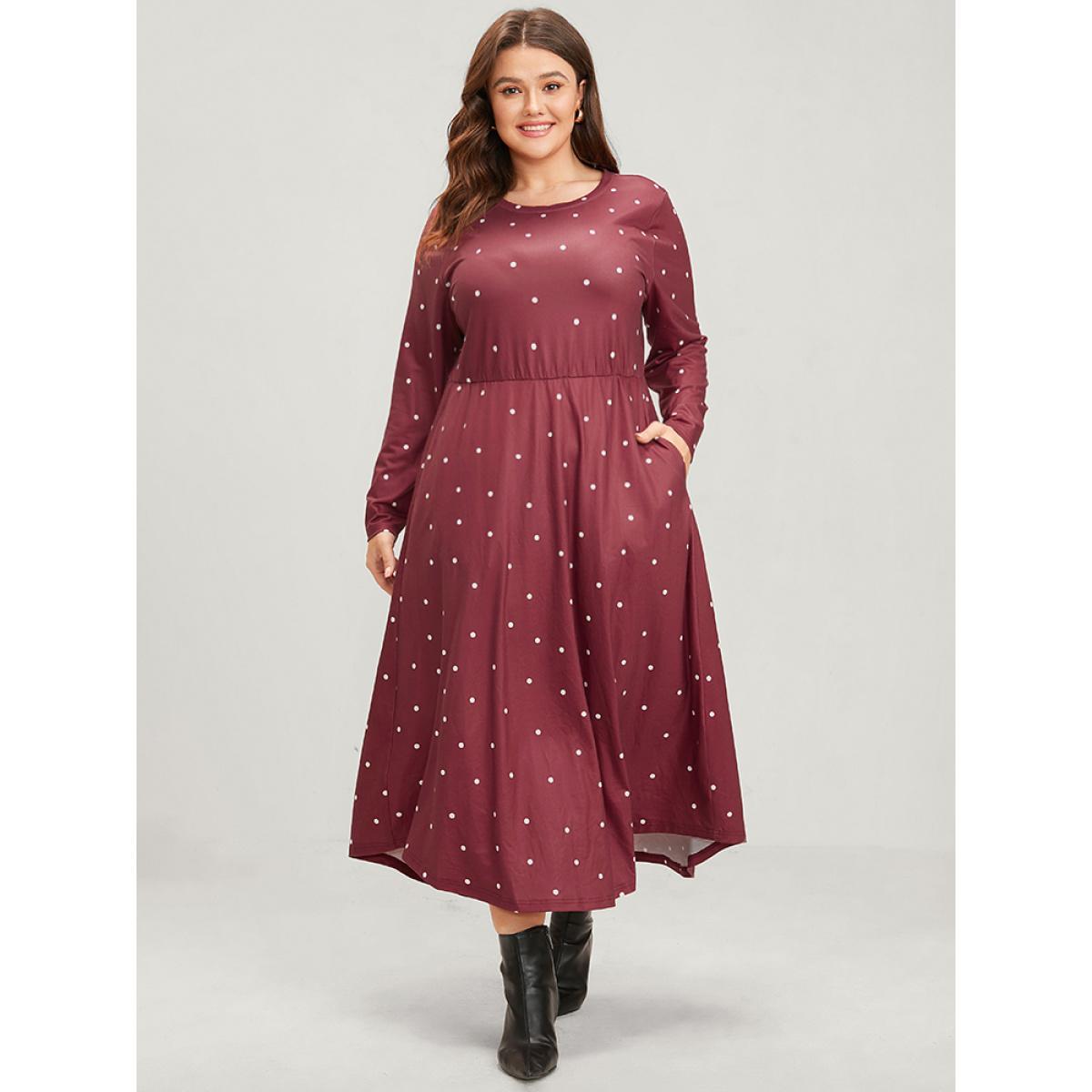 Plus Size Polka Dot Pocket Round Neck Midi Dress DustyPink Women Elegant Pocket Round Neck Long Sleeve Curvy Midi Dress BloomChic 26/4X Product Image