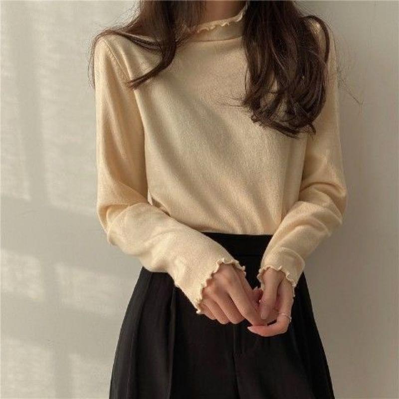 Long Sleeve Turtleneck Plain Ruffle Hem Knit Top Product Image