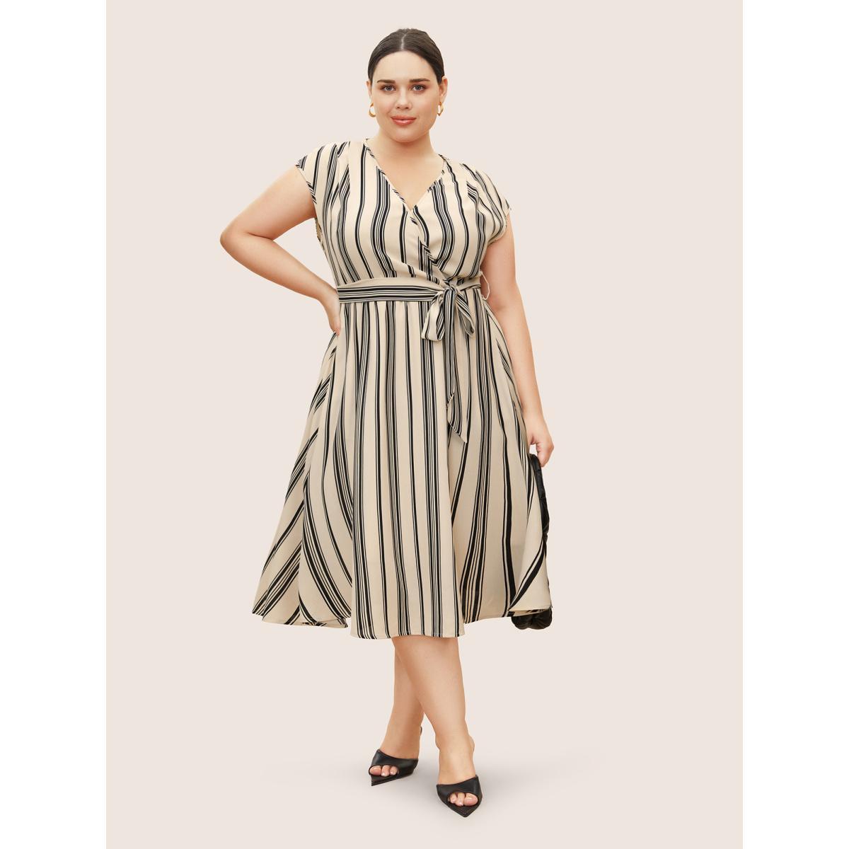 Plus Size Surplice Neck Striped Cap Sleeve Dress Beige Women At the Office Overlapping V-neck Sleeveless Curvy BloomChic 26/4X Product Image