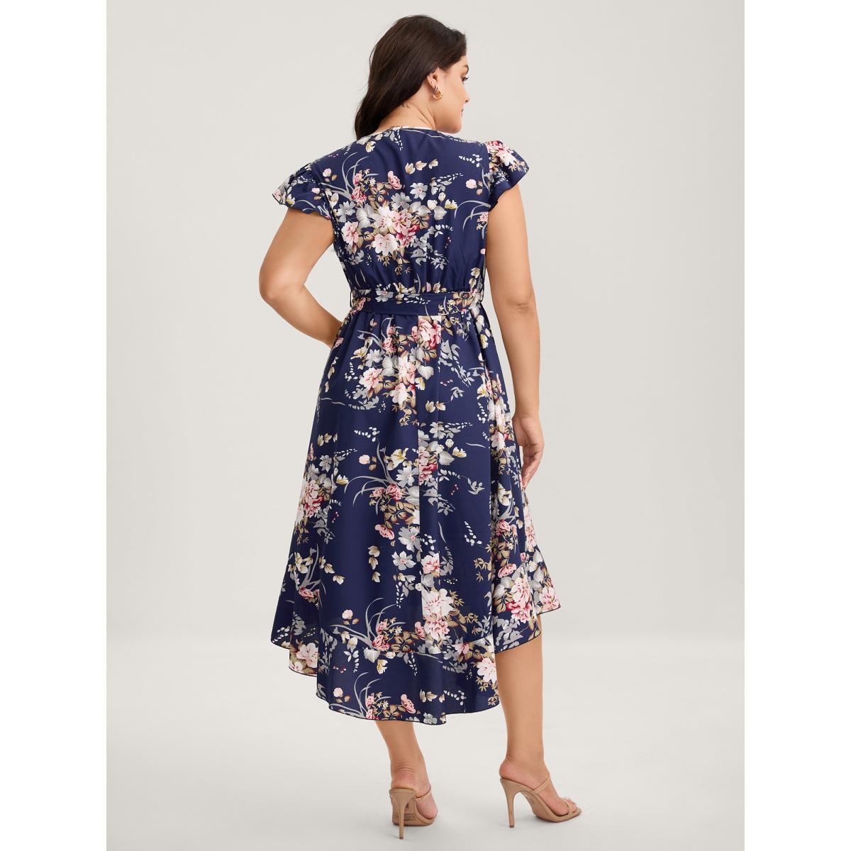 Plus Size Midnight Blooms Wrap A-Line Midi Dress Navy Women Overlap Collar Cap Sleeve Curvy BloomChic 18-20/2X Product Image