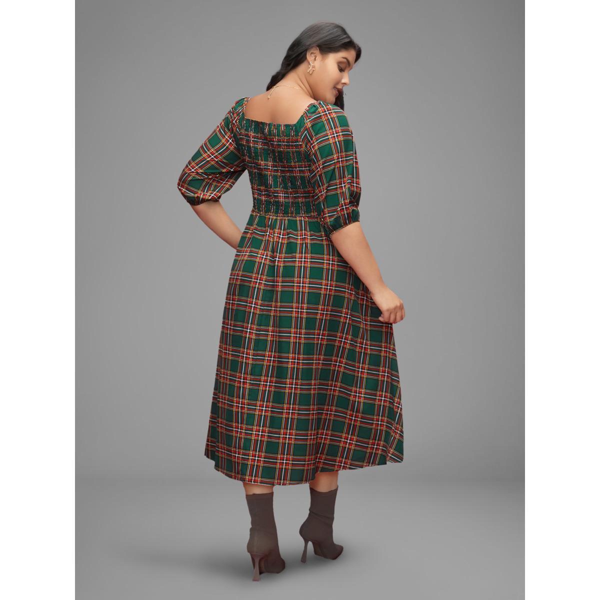 Plus Size Square Neckline Plaid Smocked Bodice Midi Dress Emerald Women Casual Shirred Square Neck Elbow-length sleeve Curvy BloomChic 30/6X Product Image