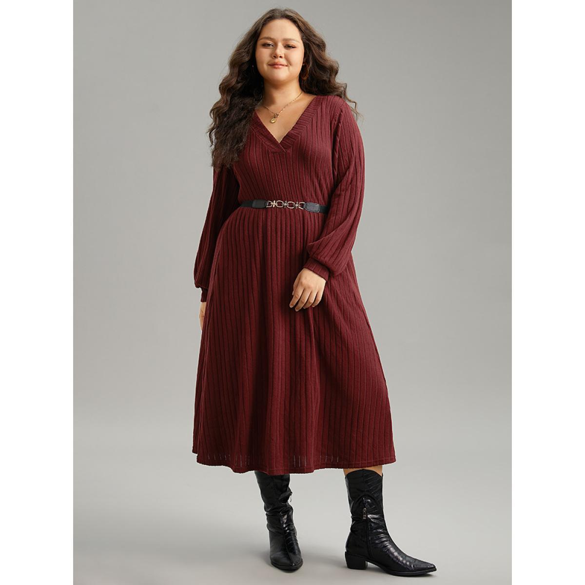 Plus Size Solid Rib Knit Pocket Elastic Waist Dress Scarlet Women Casual Texture V-neck Long Sleeve Curvy Midi Dress BloomChic 28/5X Product Image