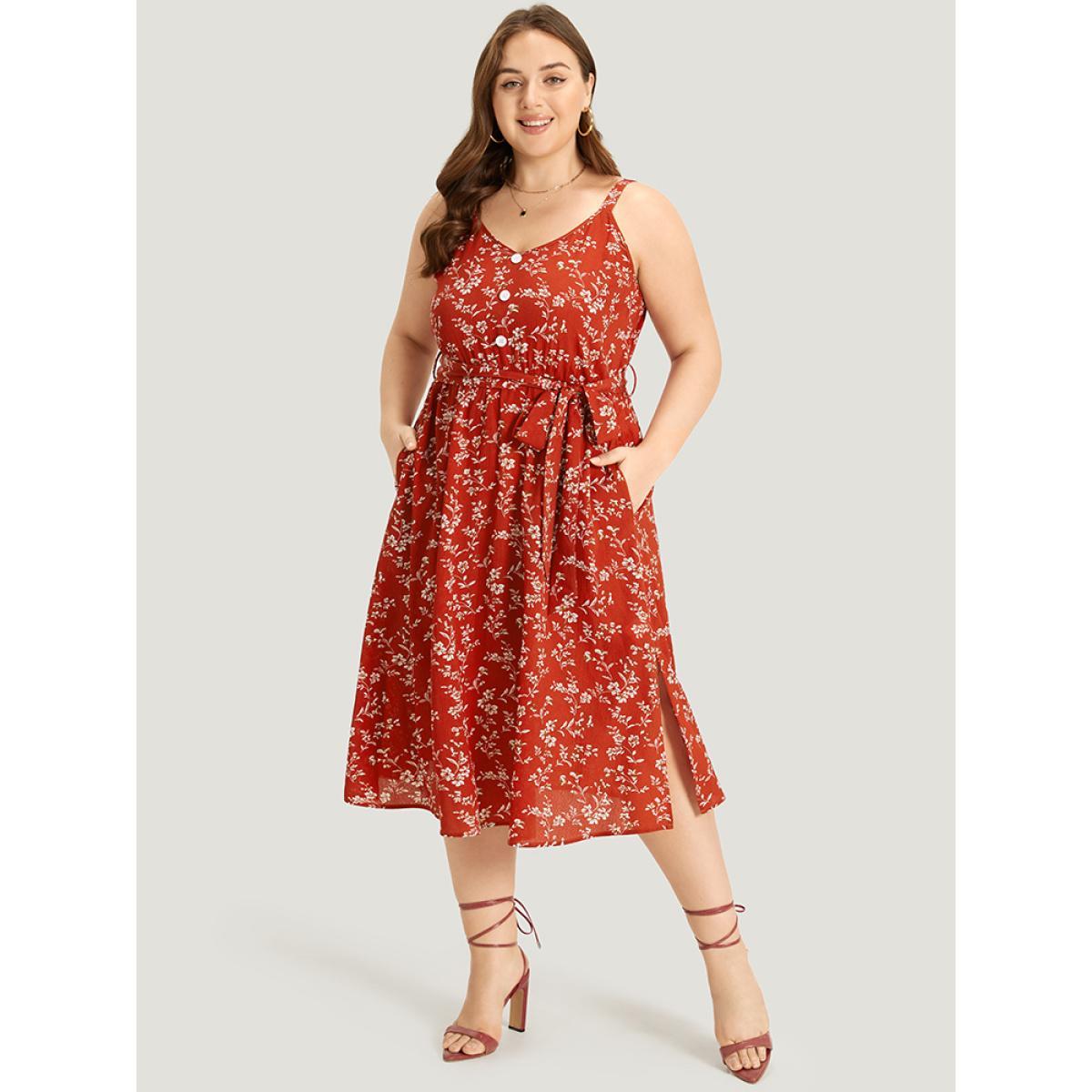 Plus Size Ditsy Floral Button Detail Belted Split Hem Cami Dress Red Women Elegant Belted Spaghetti Strap Sleeveless Curvy Midi Dress BloomChic 28/5X Product Image