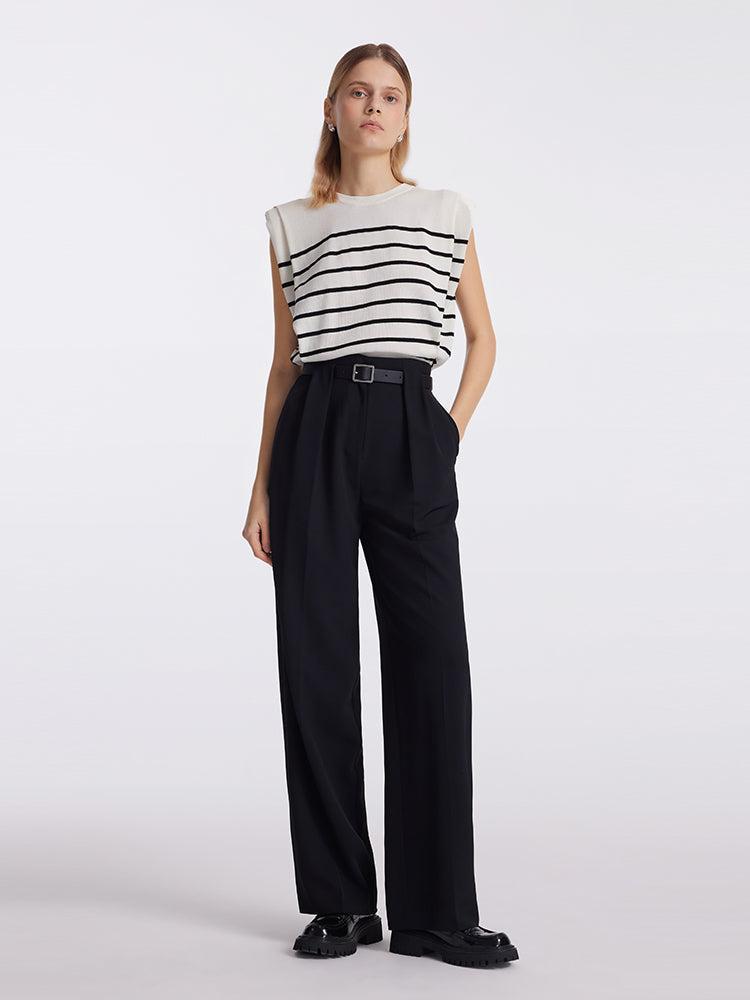 Striped Knitted Women Tank Top With Shoulder Pads Product Image