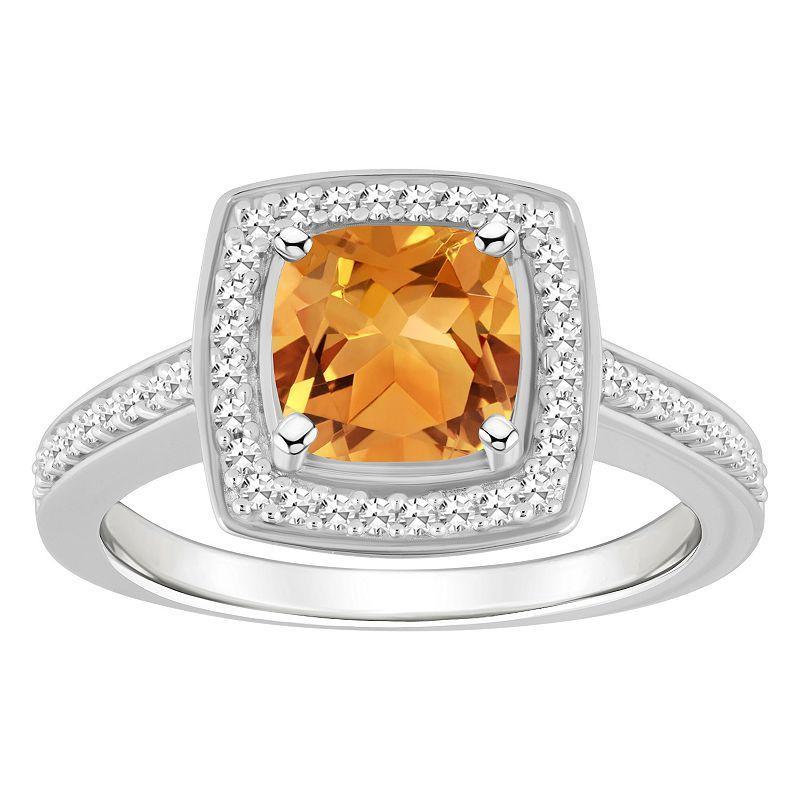 Celebration Gems Sterling Silver 7 mm Cushion Gemstone & 1/4 Carat T.W. Diamond Halo Ring, Womens Citrine Product Image