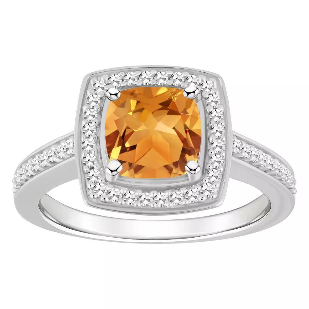 Celebration Gems Sterling Silver 7 mm Cushion Gemstone & 1/4 Carat T.W. Diamond Halo Ring, Womens Citrine Product Image
