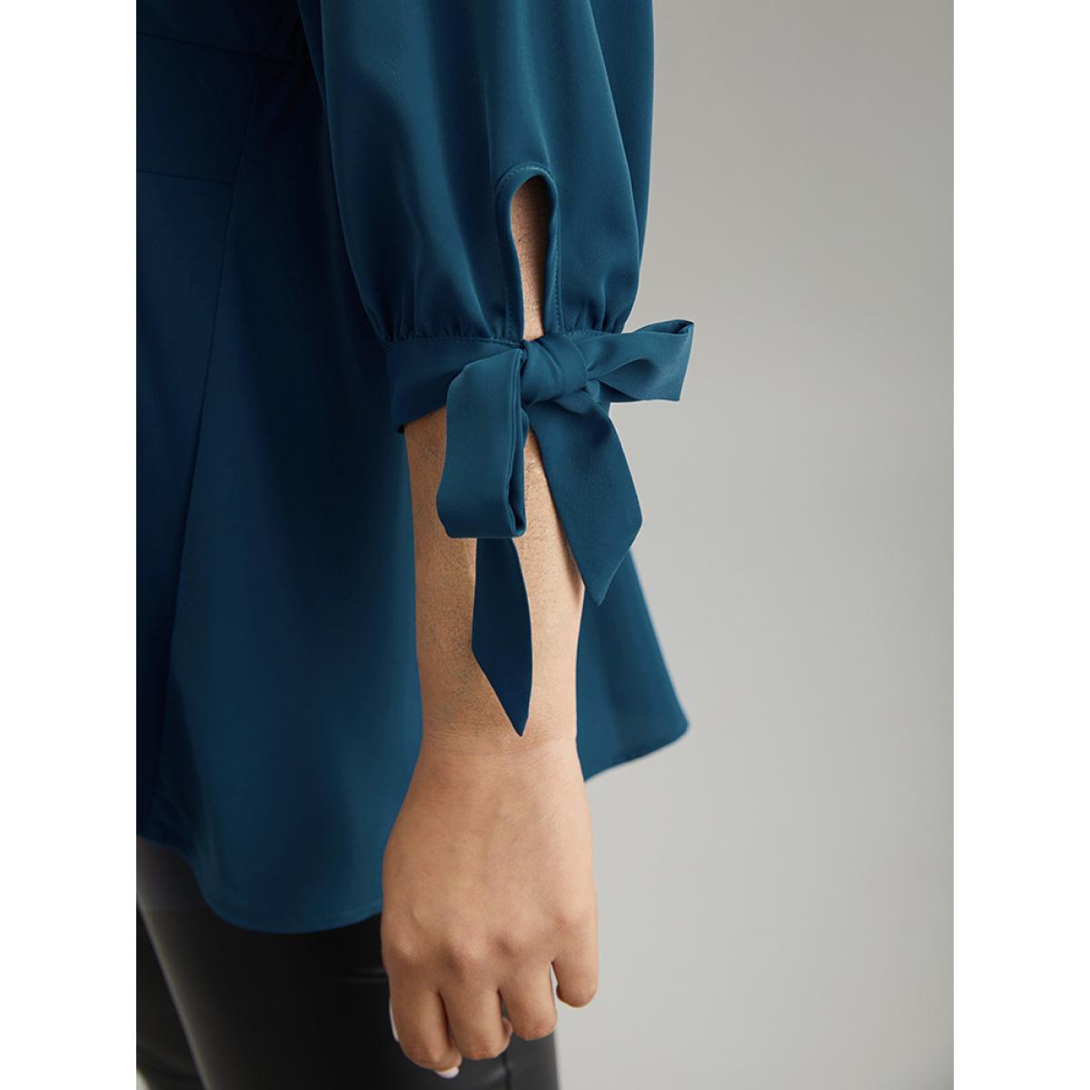 Plus Size Cyan Plain Bowknot Ties Buckle Detail Wrap Blouse Women Office Elbow-length sleeve V-neck Work Blouses BloomChic 22-24/3X Product Image
