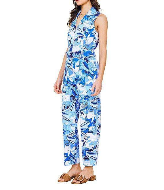 Skies Are Blue Floral Printed Twill Collar V-Neck Sleeveless Zip Front Jumpsuit Product Image