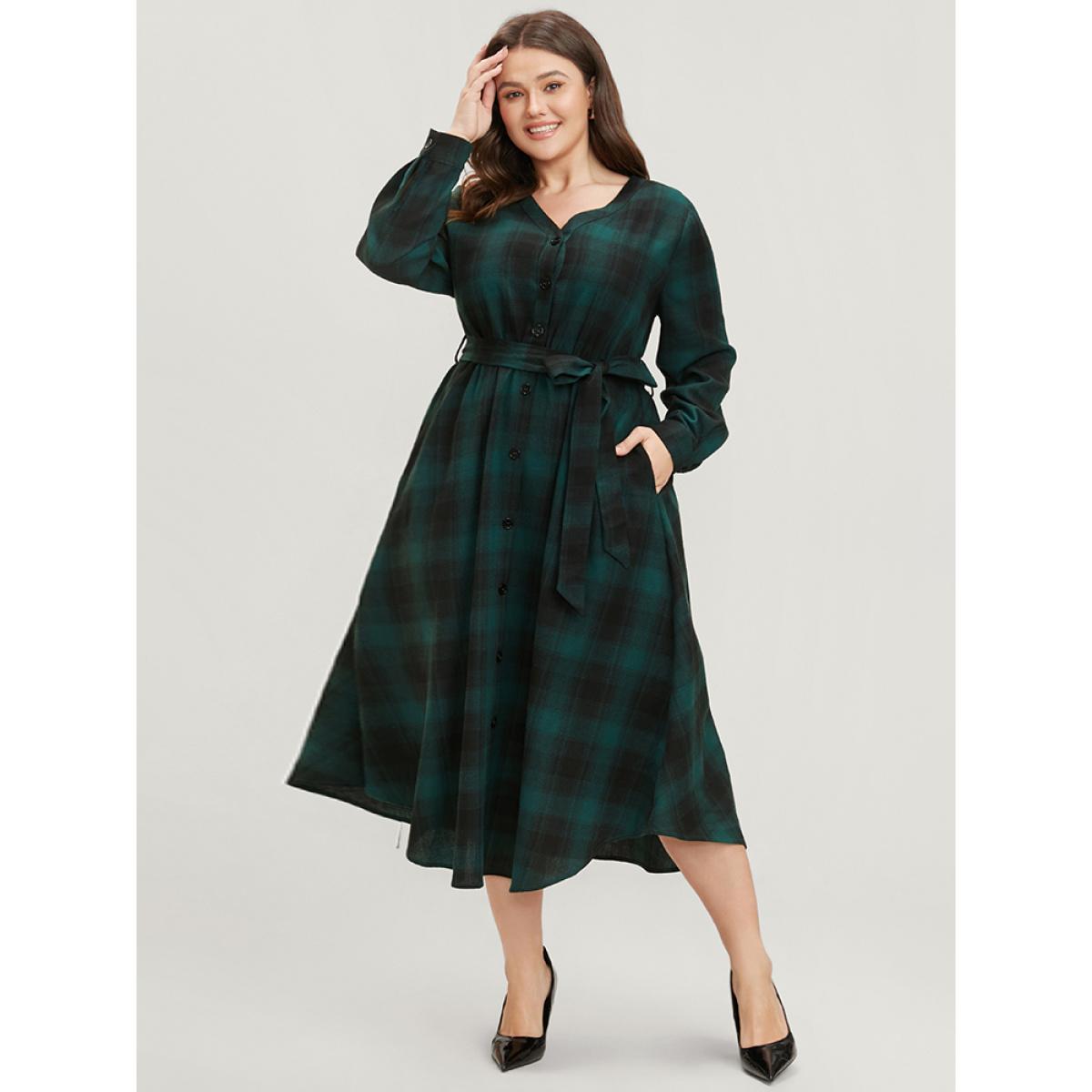 Plus Size Plaid Pocket Button Detail Belted Asymmetrical Hem Dress Emerald Women Elegant Button V-neck Long Sleeve Curvy Midi Dress BloomChic 28/5X Product Image