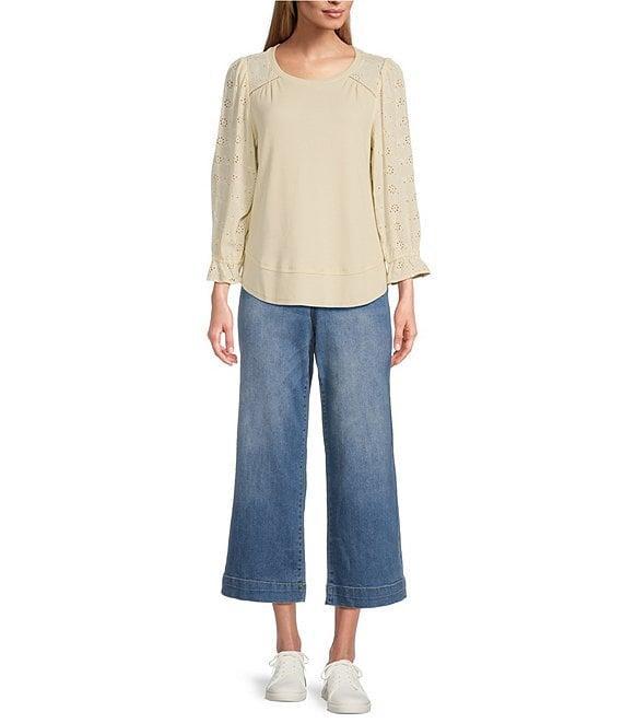 Nurture by Westbound Knit 3/4 Sleeve Crew Neck Eyelet Detail Top Product Image