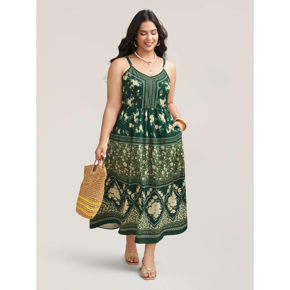 Plus Size Floral Print Off Sleeve Pockets Midi Dress DarkGreen Women Resort Non V-neck Sleeveless Curvy BloomChic 28/5X Product Image