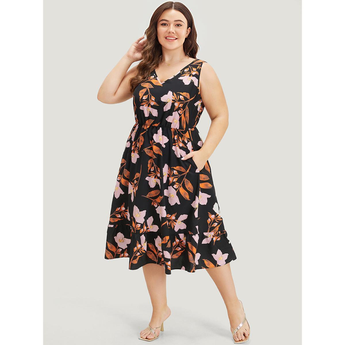 Plus Size Floral Print Pocket V Neck Elastic Waist Sleeveless Dress Black Women Elegant Elastic Waist V-neck Sleeveless Curvy Midi Dress BloomChic 14-16/1X Product Image