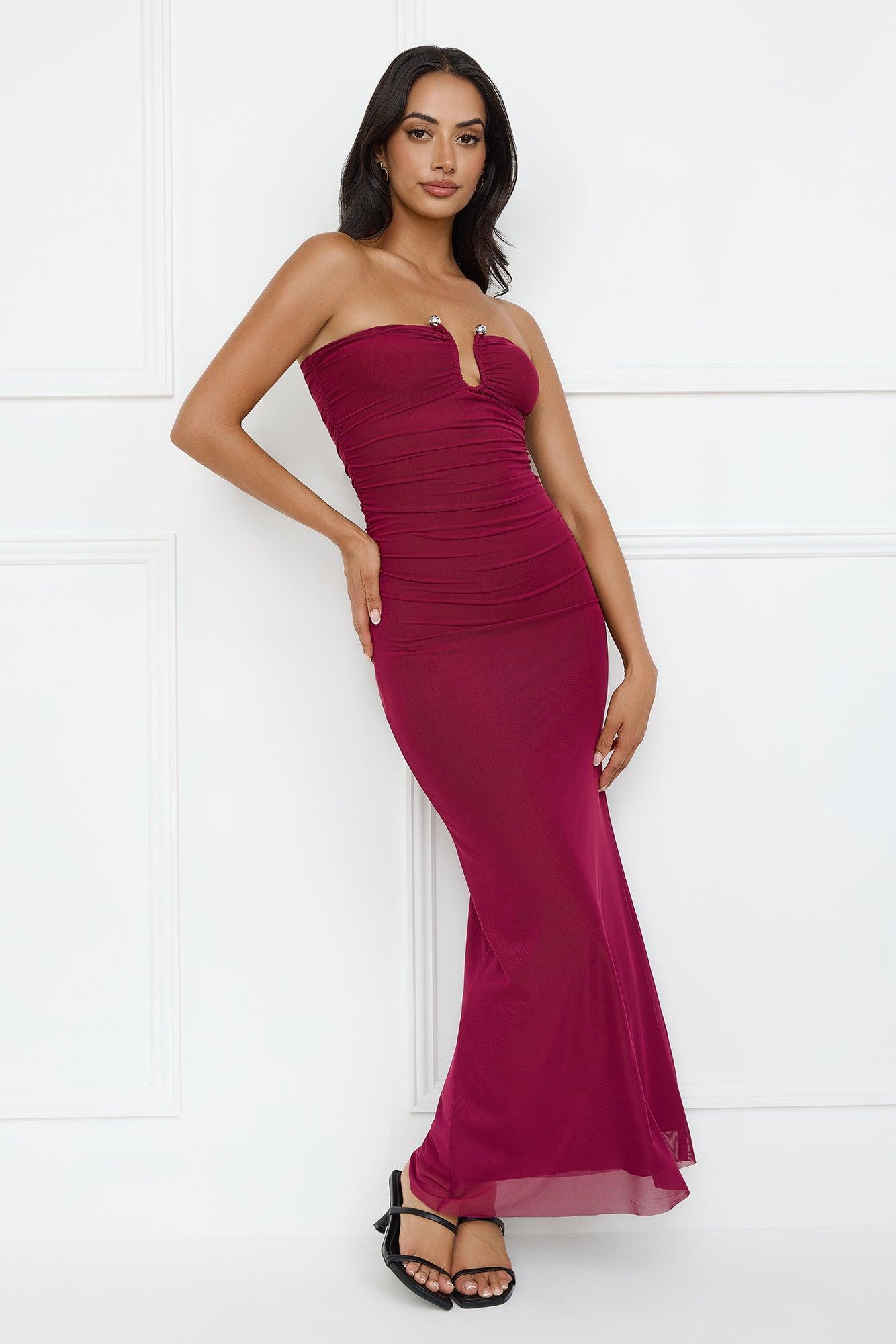 Noir Seduction Strapless Mesh Maxi Dress Burgundy Product Image