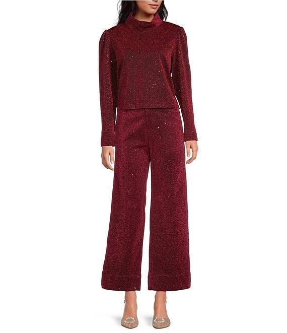 Buru Mod Woven Metallic Mock Neck Long Puffed Sleeve Cropped Top Product Image