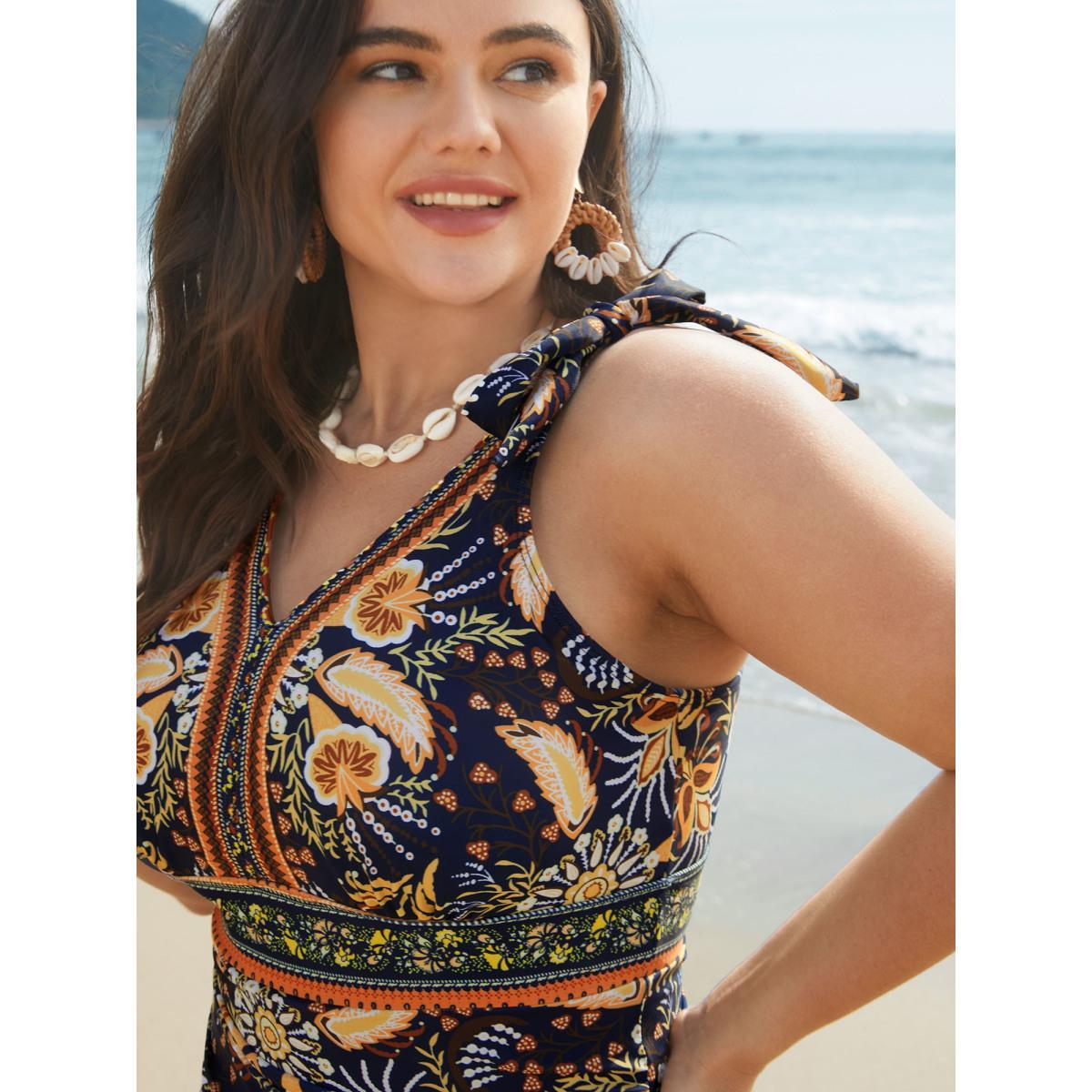 Plus Size Boho Print Adjustable Tie One-Piece Swimsuit Women's Swimwear Indigo Beach Gathered Curve Bathing Suits High stretch One Pieces BloomChic 26/4X Product Image
