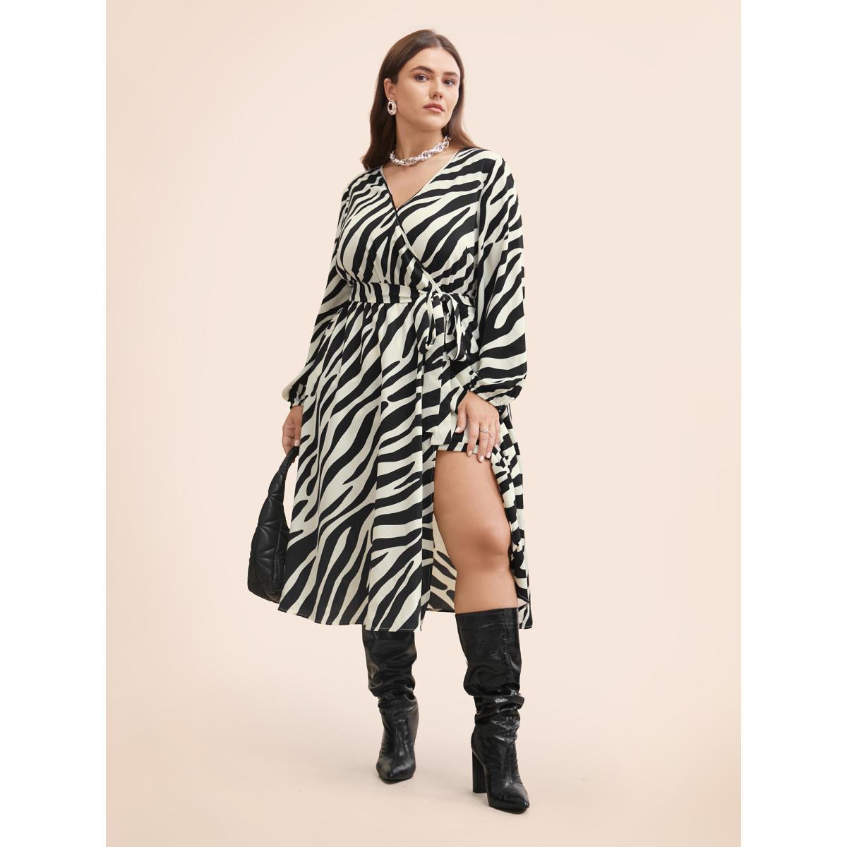 Plus Size Zebra Print Overlap Collar Split Hem Dress Black Women At the Office Belted Overlap Collar Long Sleeve Curvy BloomChic 14-16/1X Product Image