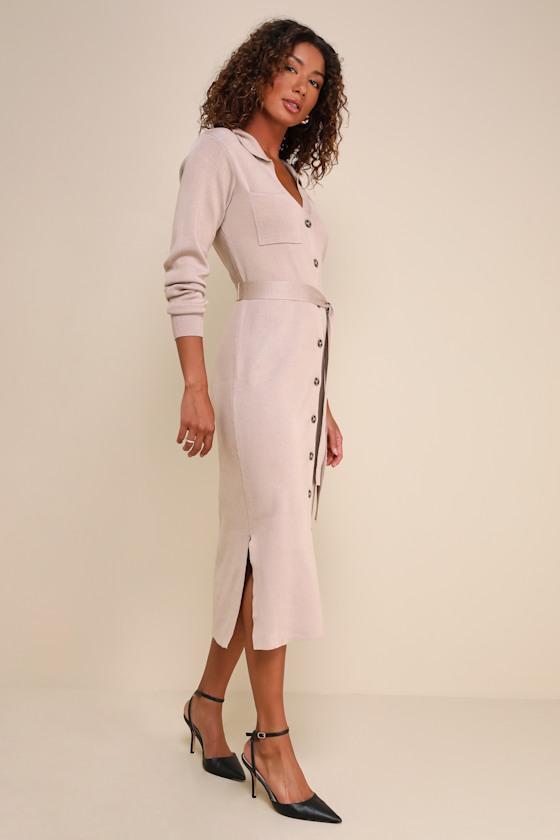 Charming Comfort Beige Collared Button-Up Sweater Dress Product Image