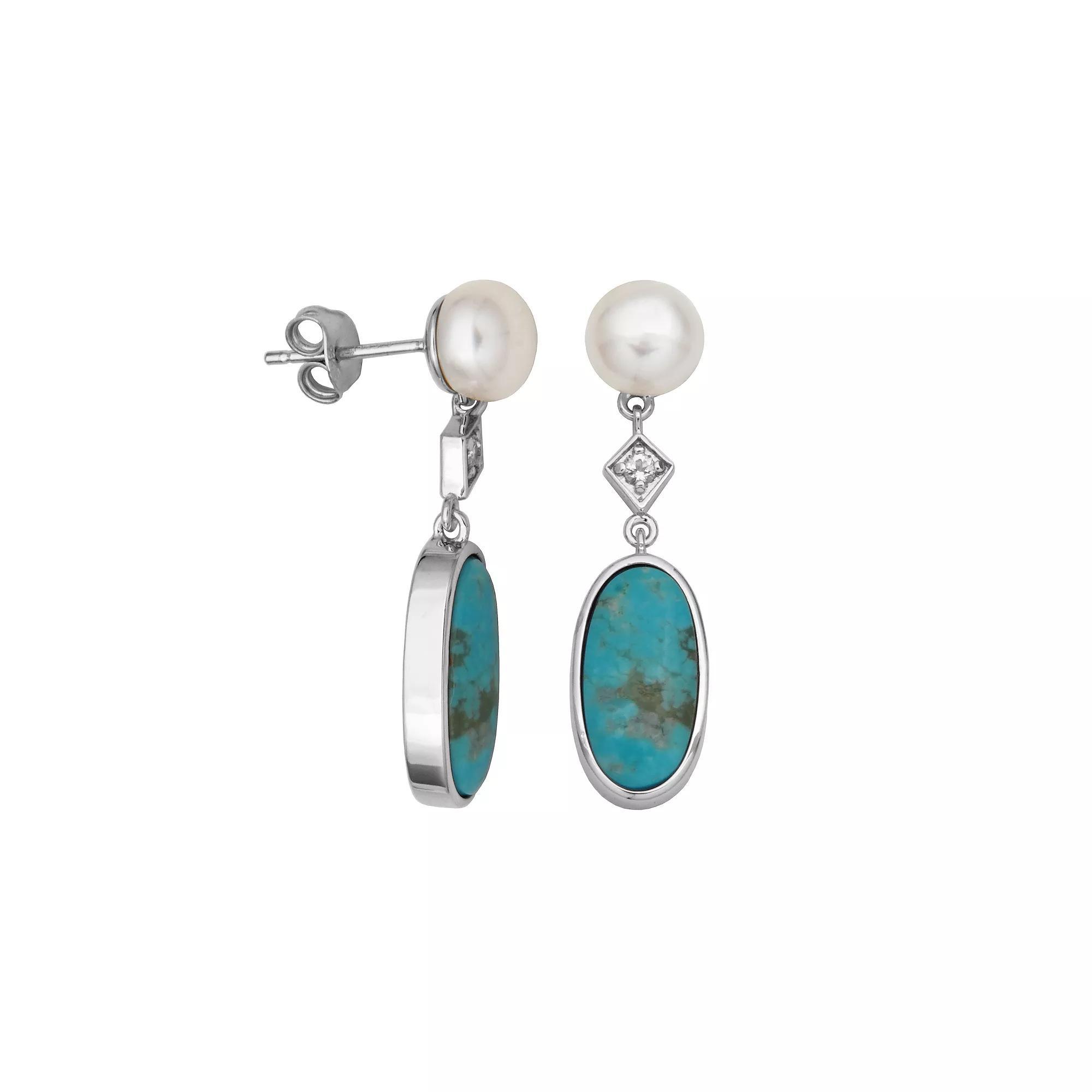 Sterling Silver Genuine Turquoise White Mother-of-Pearl and White Topaz Dangle Earrings, Women's Product Image