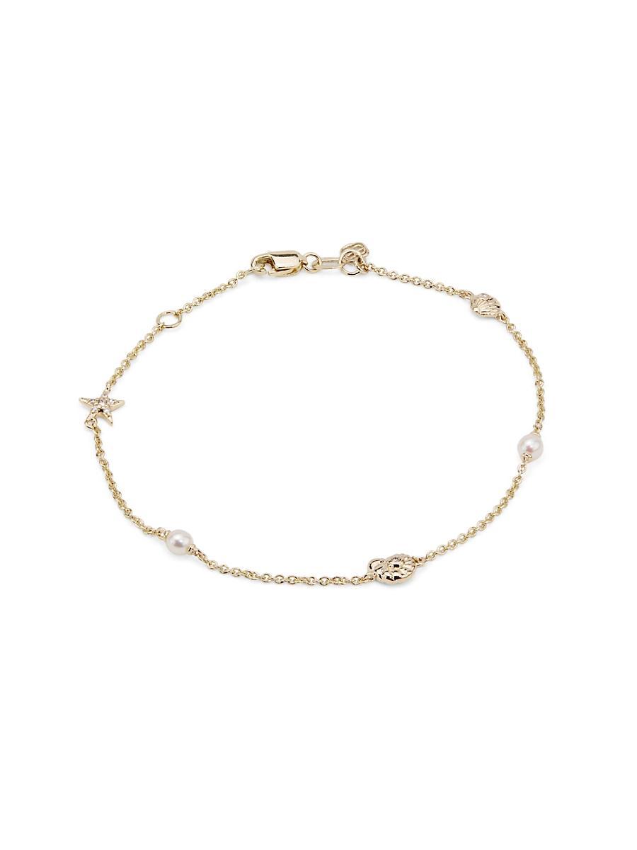 Womens 14K Yellow Gold, Cultured Freshwater Pearl & 0.03 TCW Diamond Sea Charm Bracelet Product Image