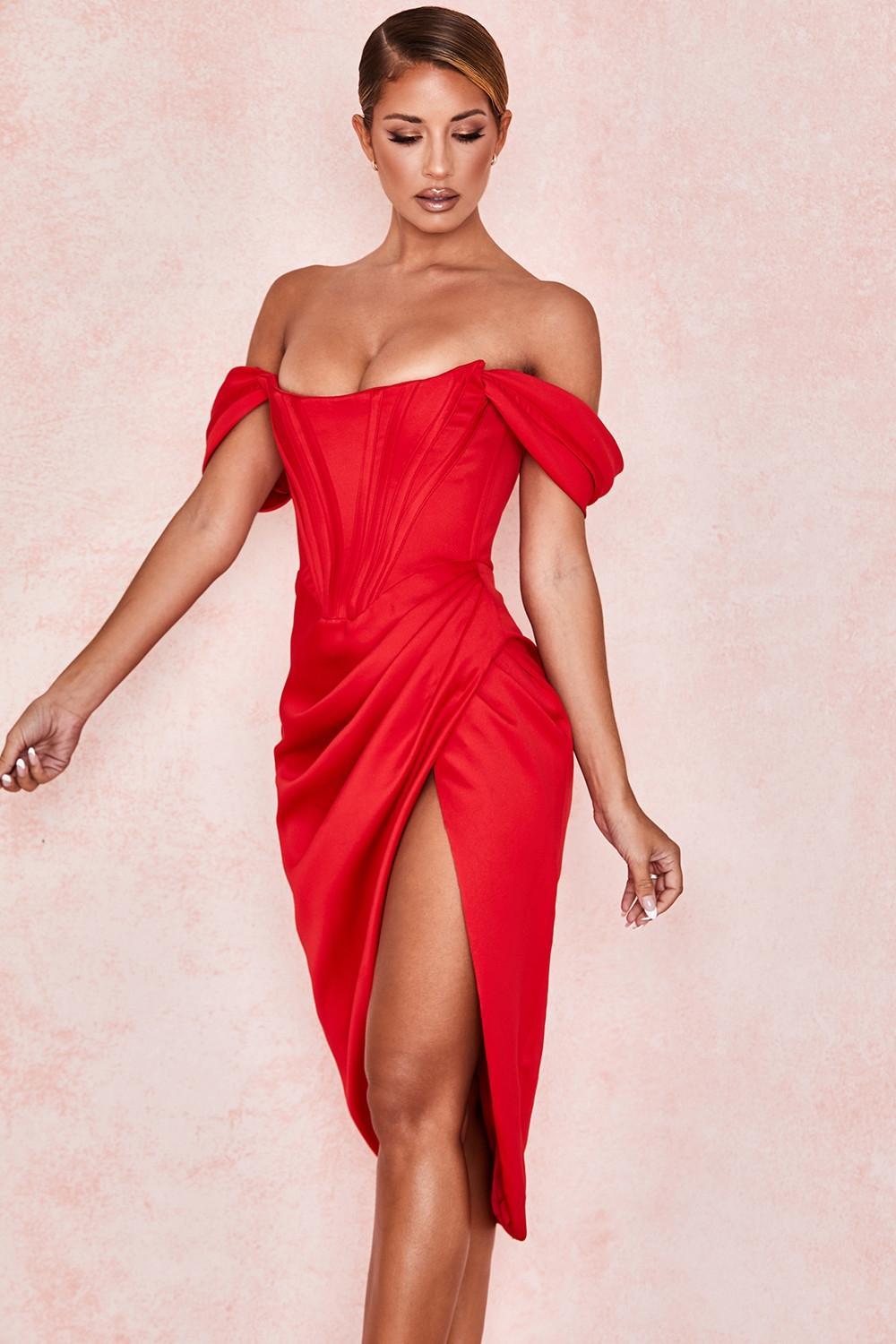 Loretta Red Satin Off Shoulder Dress Product Image
