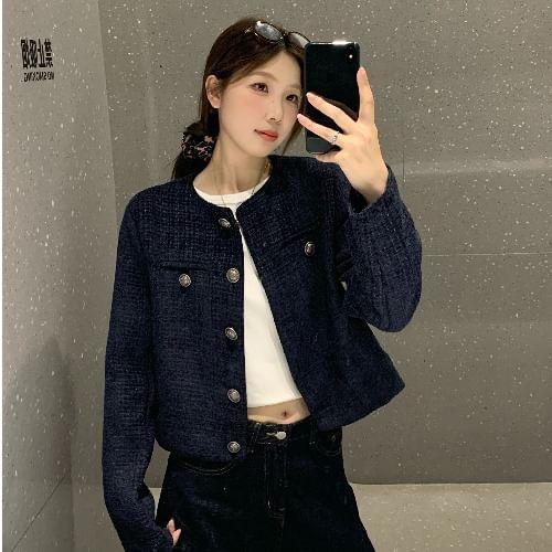 Round Neck Tweed Button Jacket Product Image