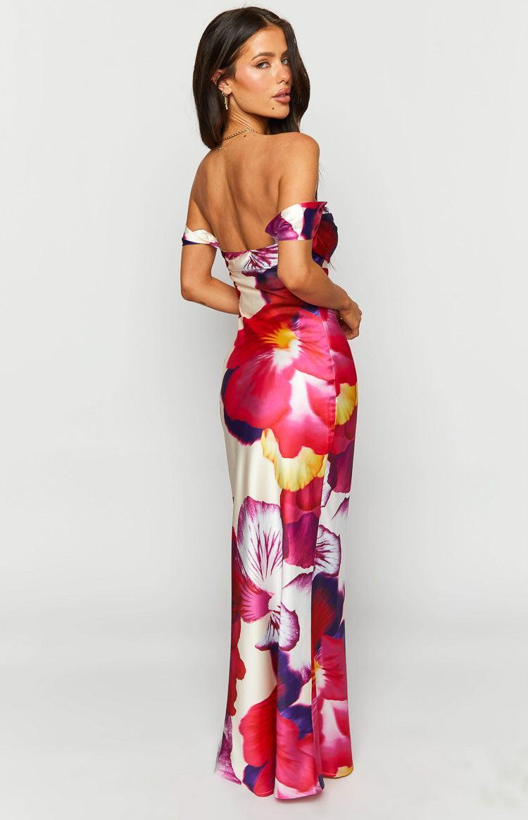 Ella Pink Floral Print Off Shoulder Formal Dress Product Image