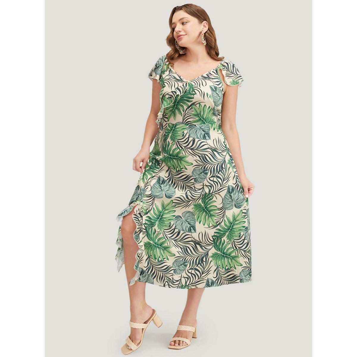 Plus Size Plant Print Cap Sleeve Pocket Ruffle Trim Split Hem Dress Multicolor Women Vacation Slit V-neck Cap Sleeve Curvy Midi Dress BloomChic 10/M Product Image