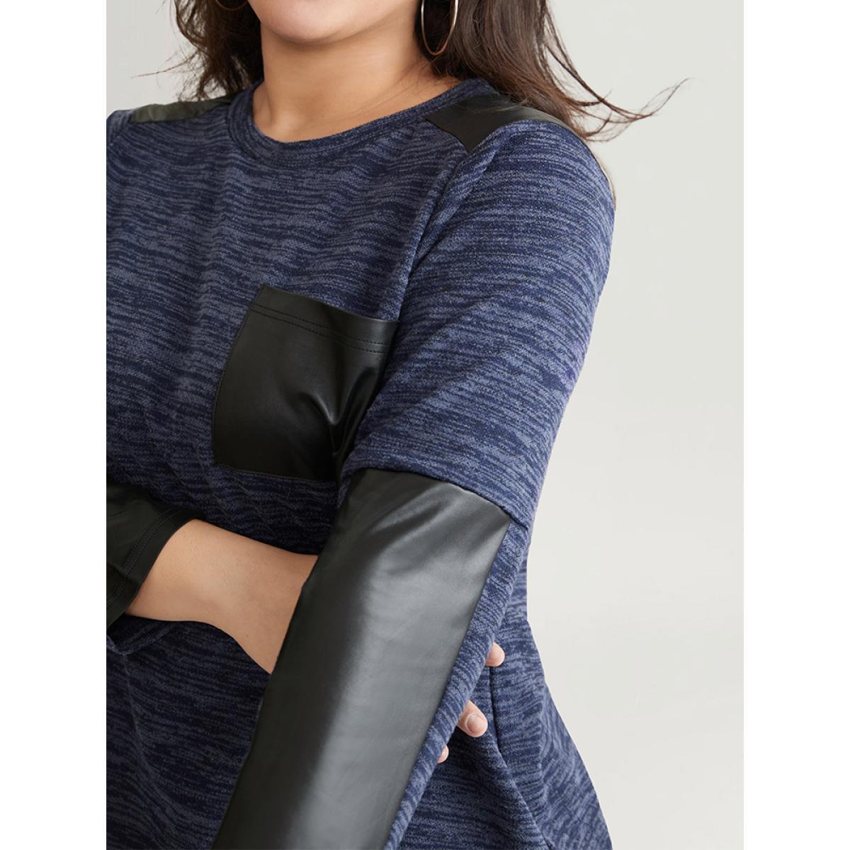 Plus Size Patchwork Heather Contrast Patched Pocket T-shirt Indigo Women Casual Contrast Plain Round Neck Dailywear T-shirts BloomChic 10/M Product Image