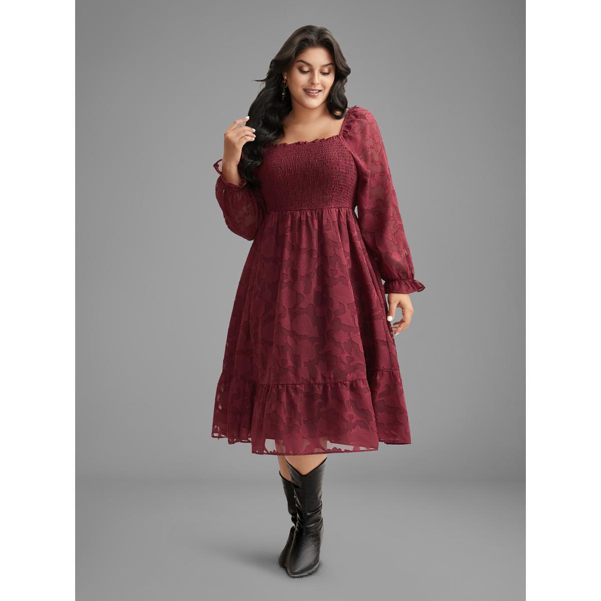 Plus Size Jacquard Texture Square Neck Midi Dress Burgundy Women Elegant Texture Party Curvy Bloomchic 10/M Product Image
