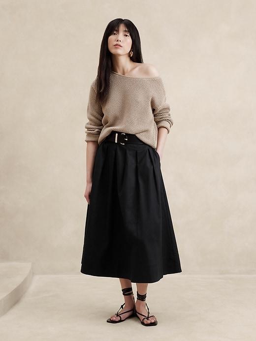 Linen-Blend Pleated Midi Skirt Product Image