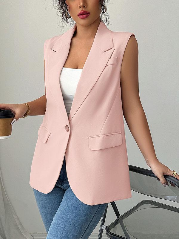 Loose Sleeveless Buttoned Pockets Notched Collar Blazer Vest Top Product Image