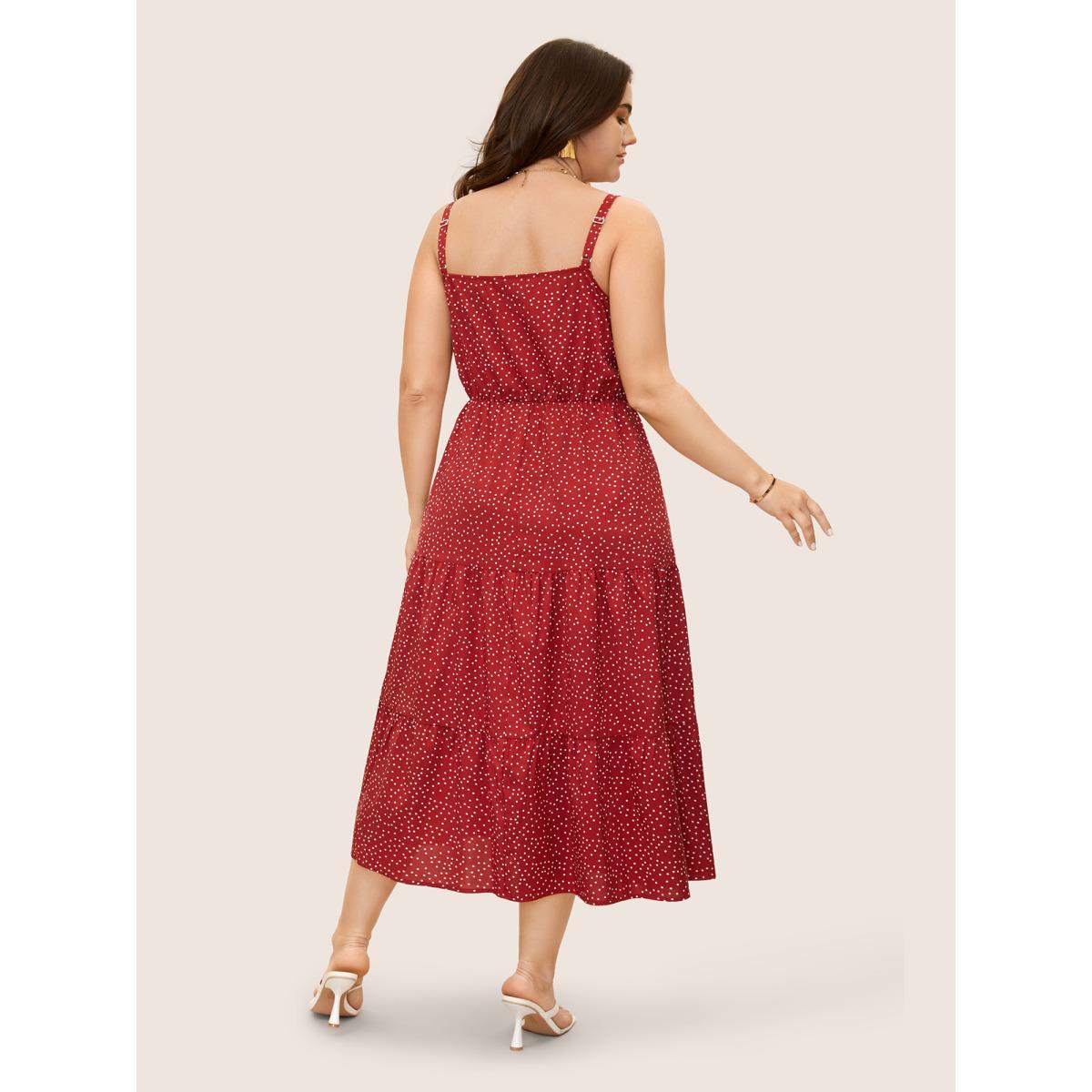 Plus Size Polka Dot Drawstring Ruffle Layered Hem Dress Brightred Women Elegant Tie knot Non Sleeveless Curvy BloomChic 18-20/2X Product Image