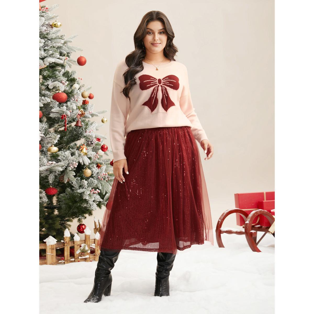 Plus Size Embroidered Bow Tie Drop Shoulder Pullover MistyRose Women Casual Loose Long Sleeve Round Neck Everyday Pullovers BloomChic 18-20/2X Product Image