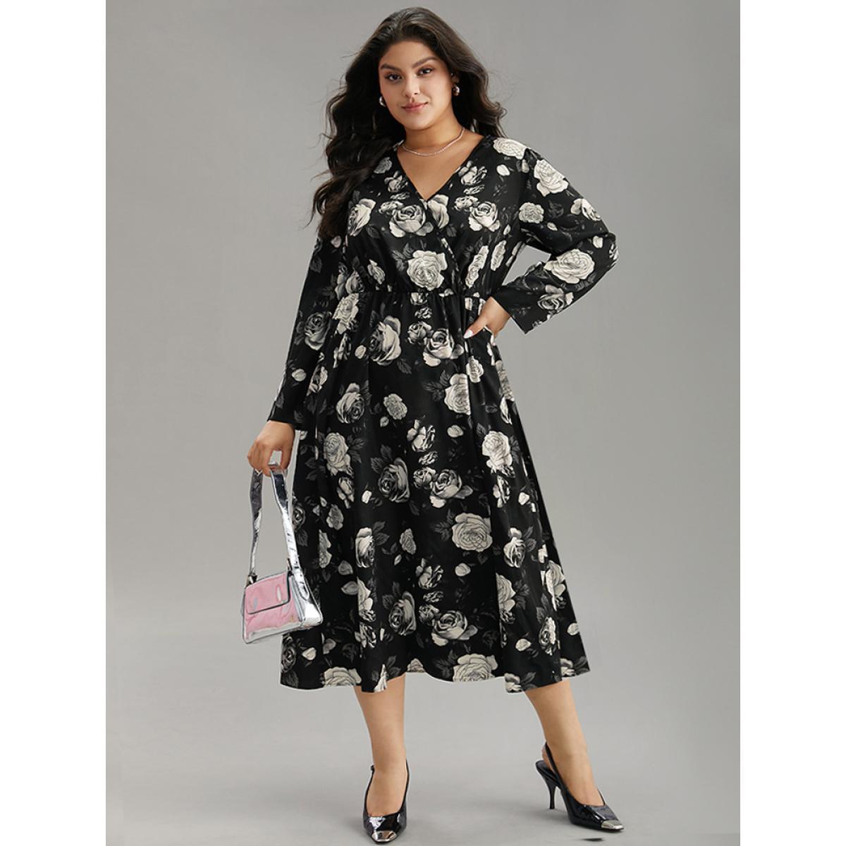Plus Size Floral Print Pocket Elastic Waist Wrap Dress Black Women At the Office Wrap Overlap Collar Long Sleeve Curvy Midi Dress BloomChic 10/M Product Image