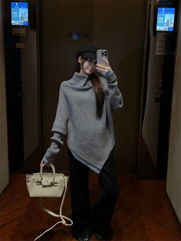 Turtleneck Batwing Sleeve Drop Shoulder Sweater / Mid Waist Flared Jeans Product Image