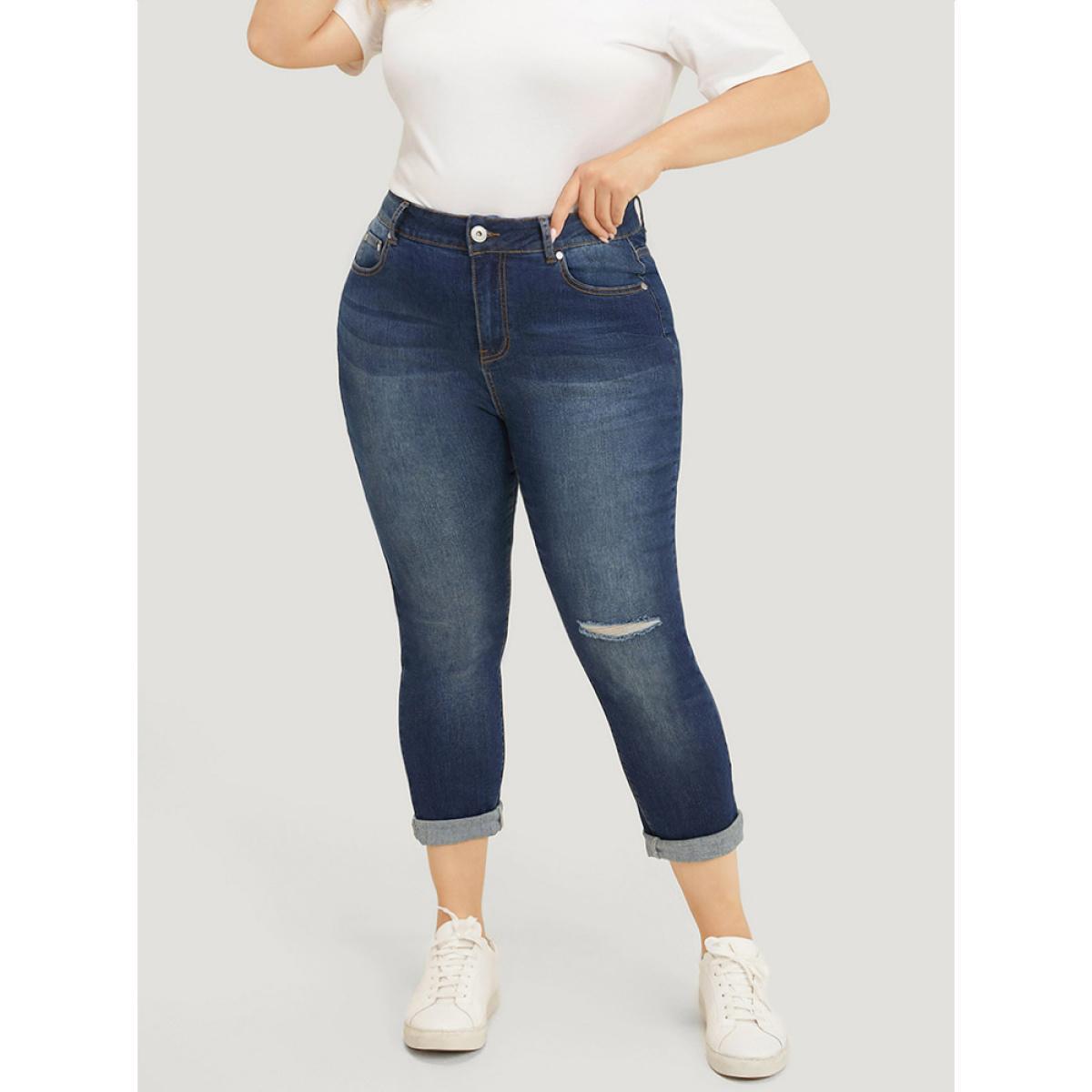 Plus Size Very Stretchy High Rise Dark Wash Cut Out Jeans Women DarkBlue Casual Plain Roll Hem High stretch Slanted pocket Jeans BloomChic 10/M Product Image