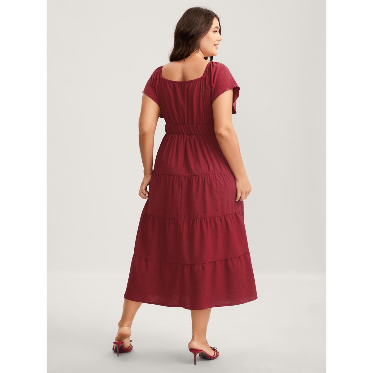 Plus Size Stretchy Waist Tiered Solid Midi Dress Burgundy Women Heart neckline Cap Sleeve Curvy BloomChic 26/4X Product Image