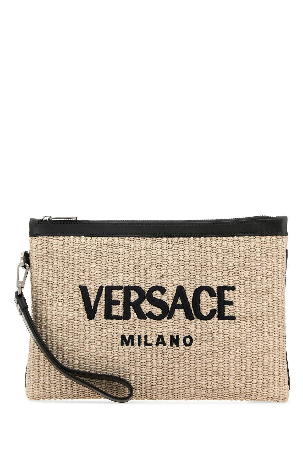 VERSACE Cappuccino Raffia Pouch In Beige Product Image