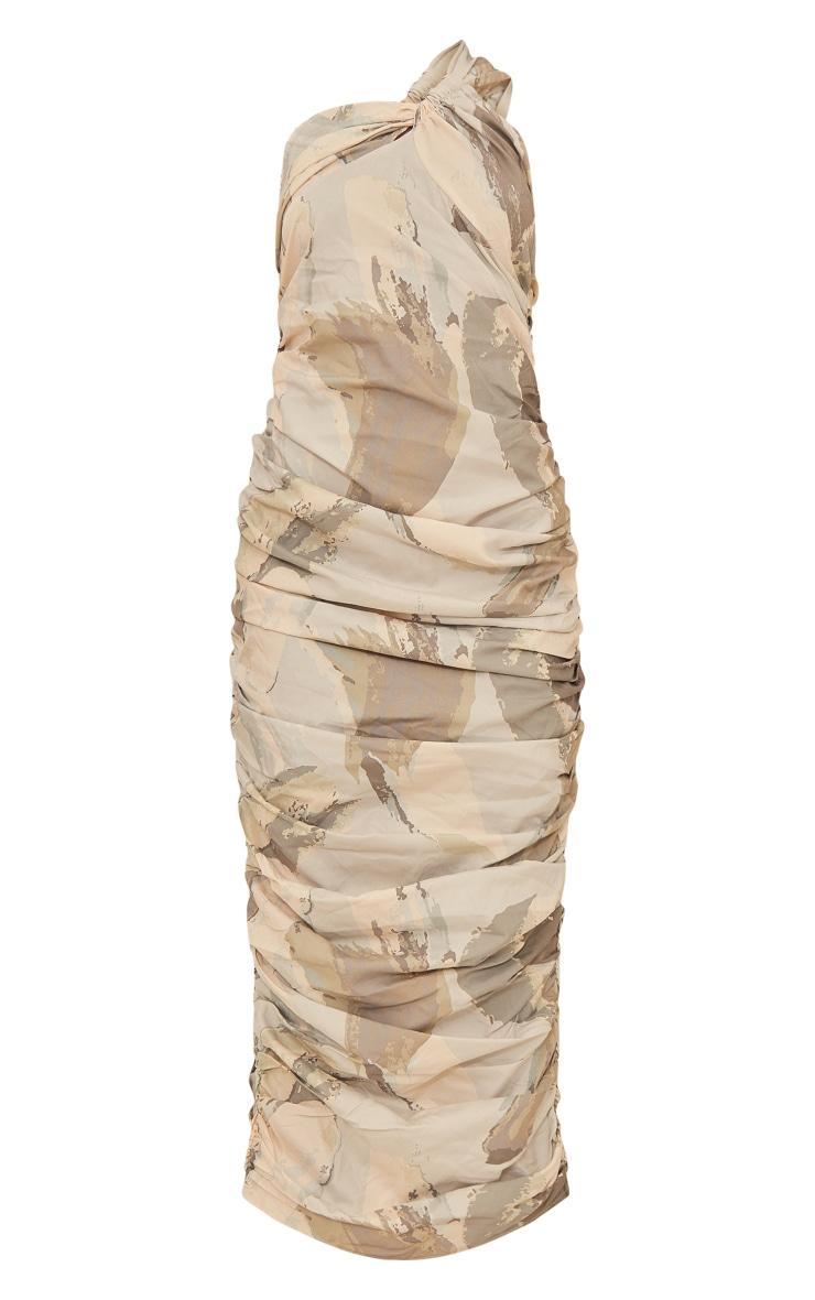 Cream Abstract Print Knot One Shoulder Ruched Midaxi Dress Product Image