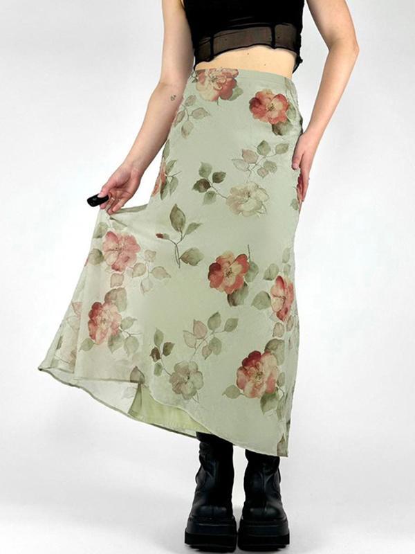 French Small Fresh Floral Print Maxi Skirt Product Image