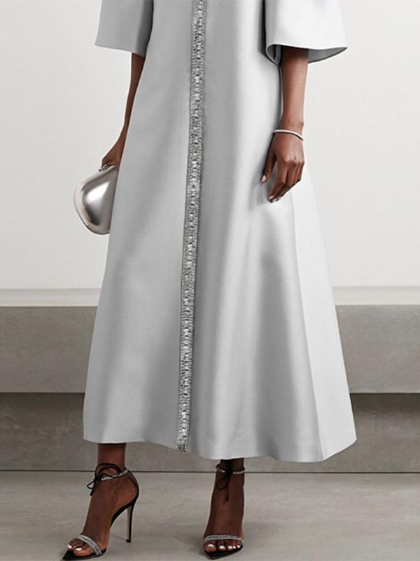 Flared Sleeves Half Sleeves Shiny Solid Color Round-Neck Midi Dresses Product Image