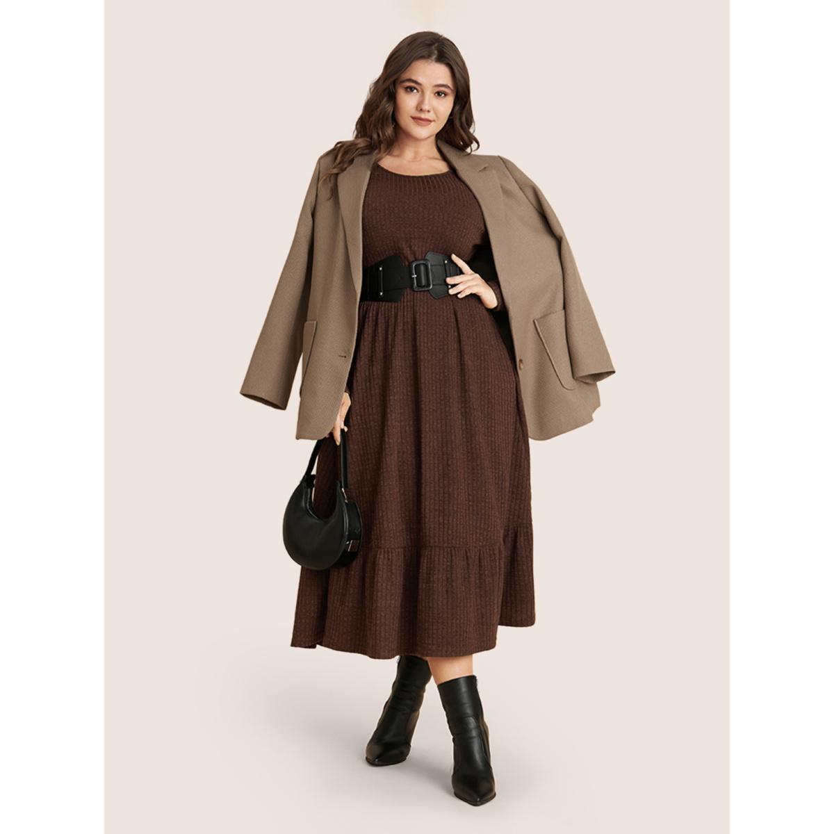 Plus Size Solid Pocket Rib Knit Ruffle Hem Dress Without Belt ArmyGreen Women Basics Non Round Neck Long Sleeve Curvy Midi Dress BloomChic 14-16/1X Product Image