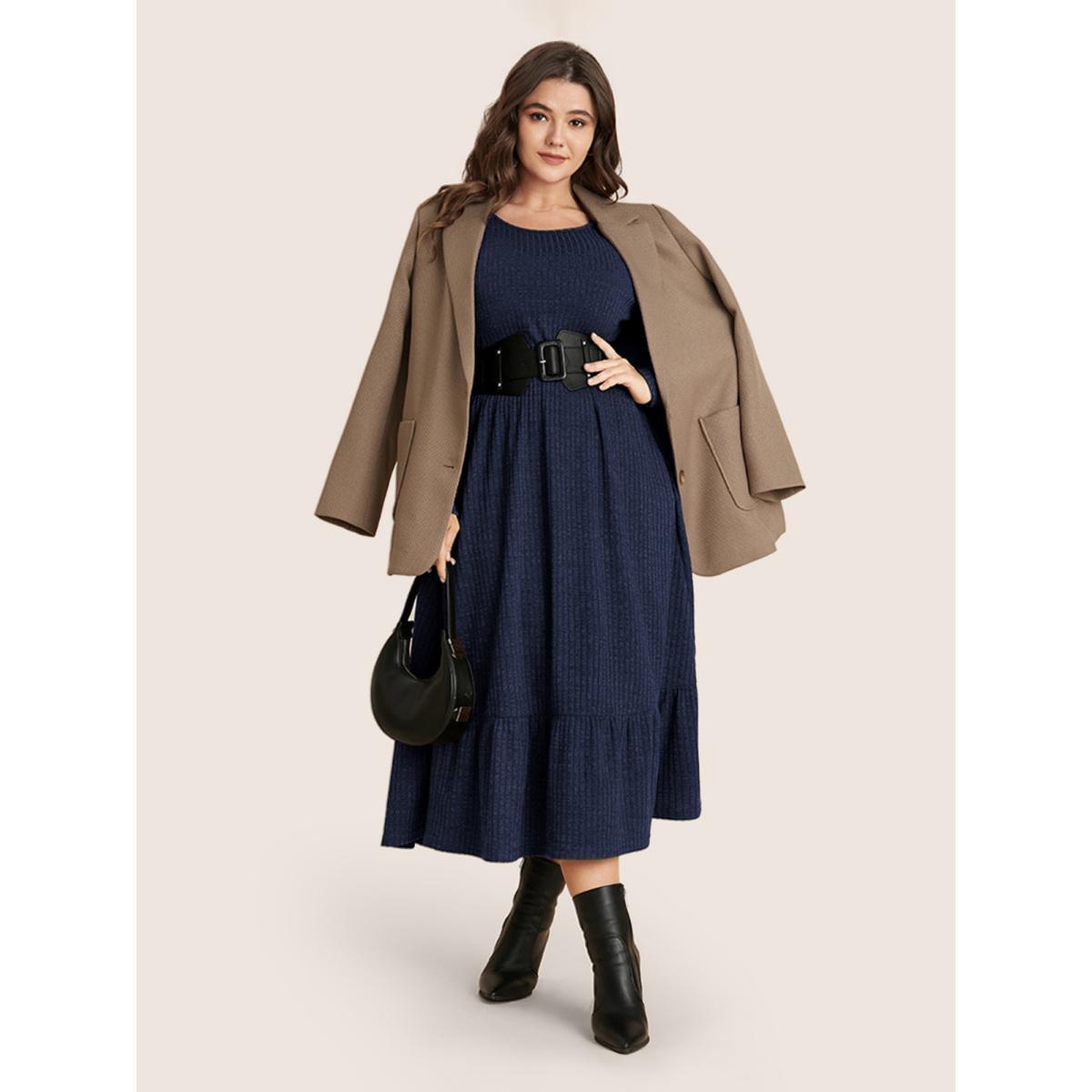 Plus Size Solid Pocket Rib Knit Ruffle Hem Dress Without Belt DarkBlue Women Basics Non Round Neck Long Sleeve Curvy Midi Dress BloomChic 30/6X Product Image
